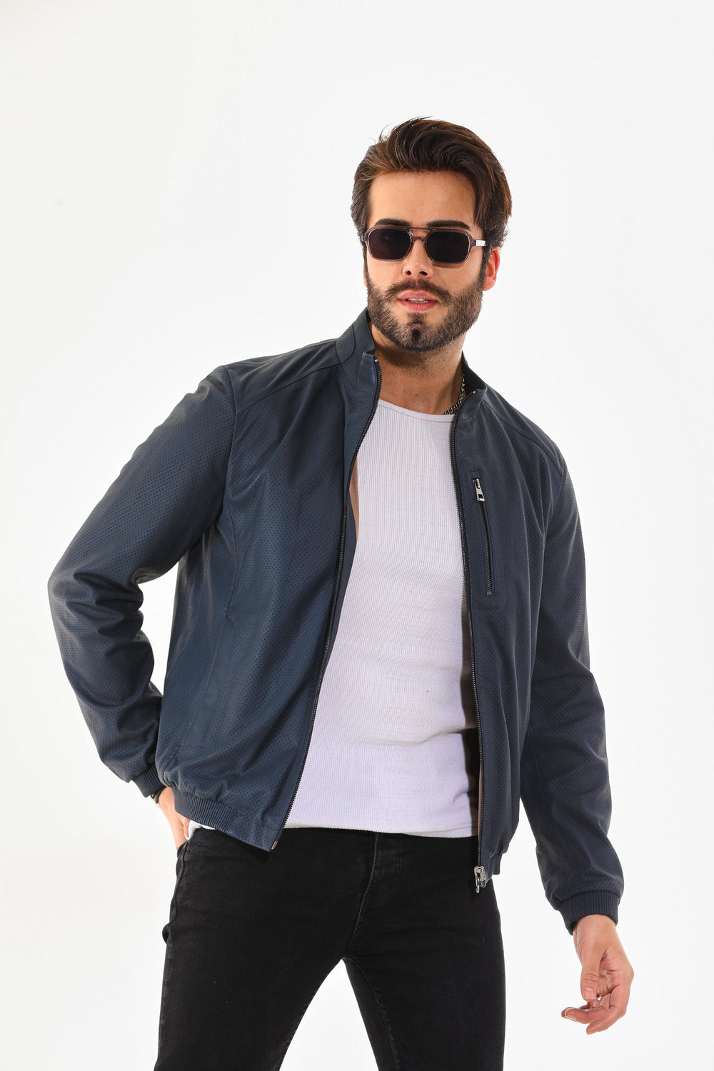 The Como Navy Blue Leather Bomber Jacket All New