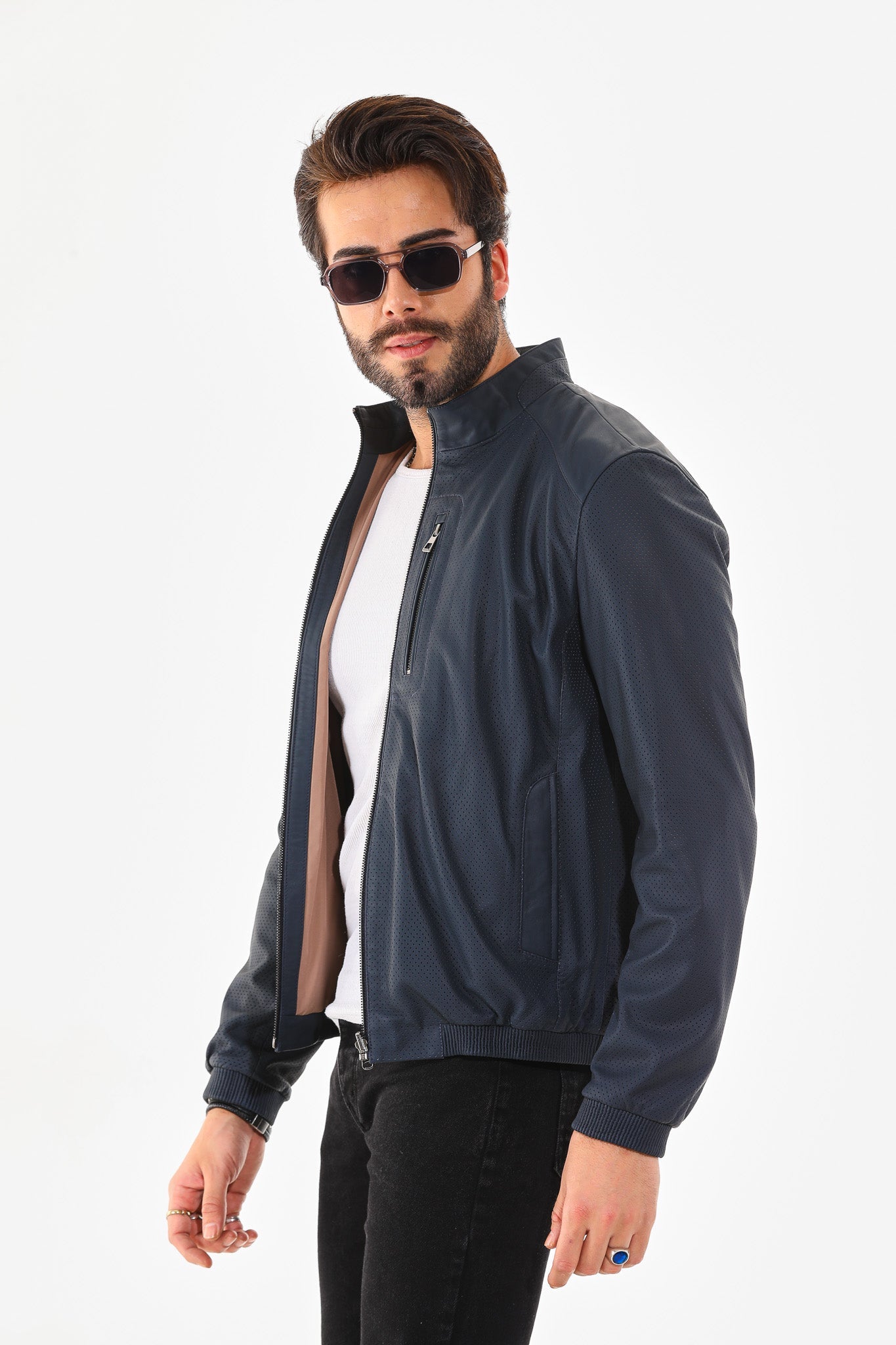 The Como Navy Blue Leather Bomber Jacket All New