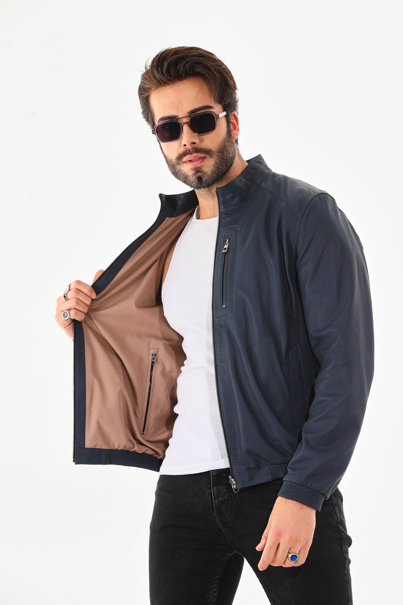 The Como Navy Blue Leather Bomber Jacket All New