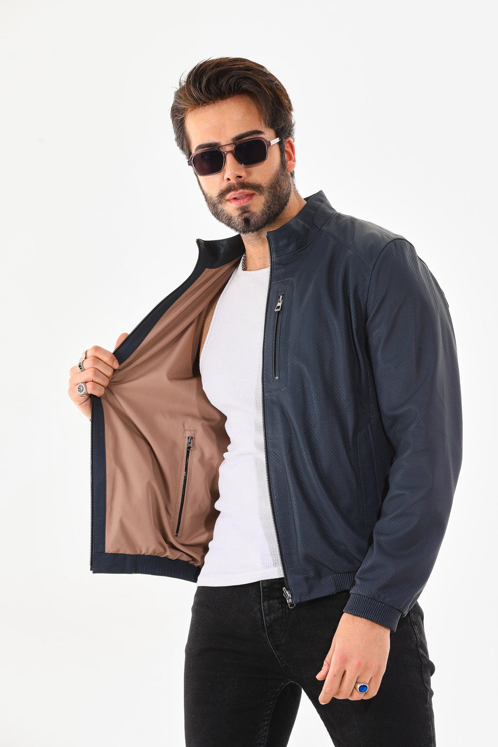 The Como Navy Blue Leather Bomber Jacket All New