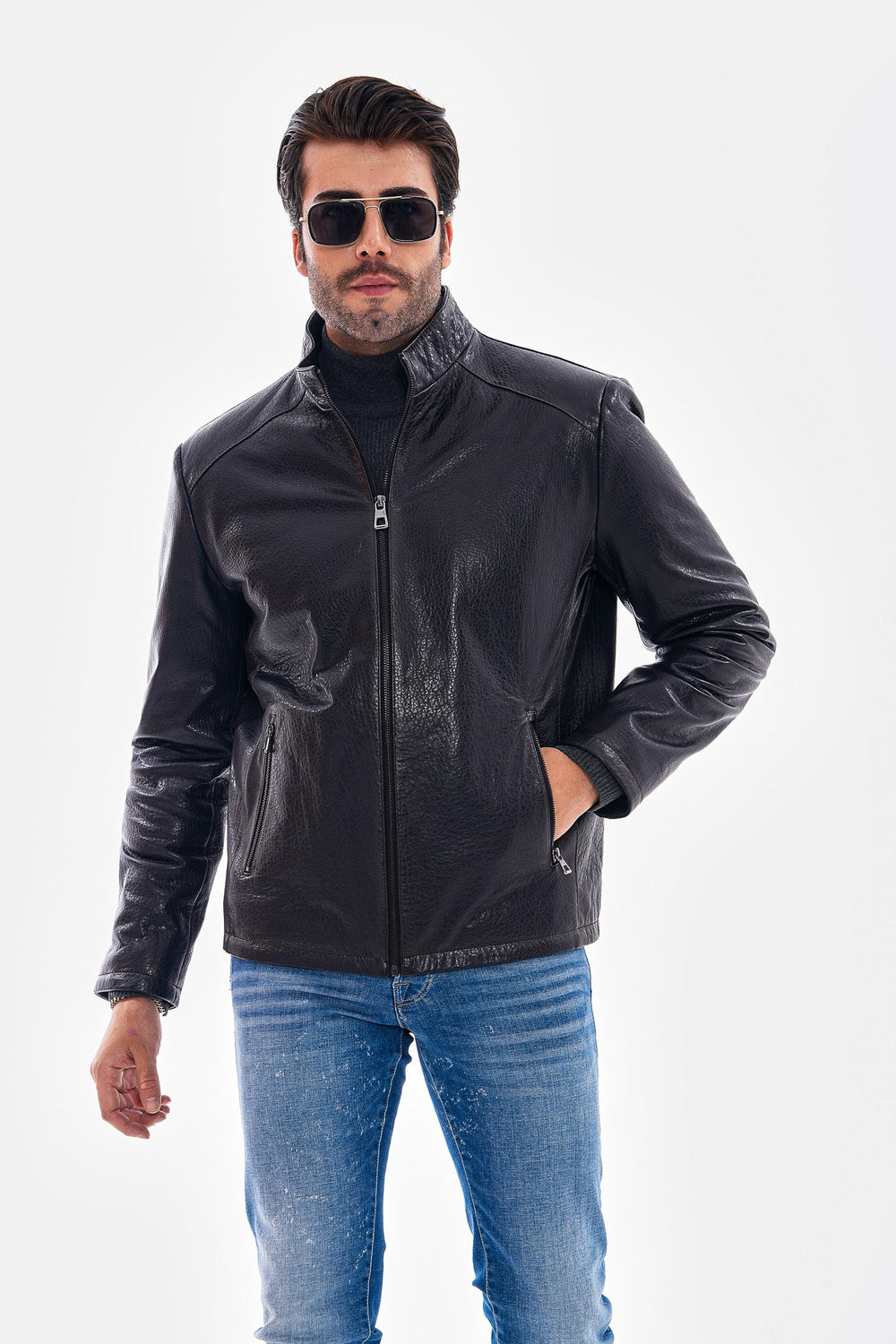 The Varden Navy Blue Leather Jacket Universal Fit