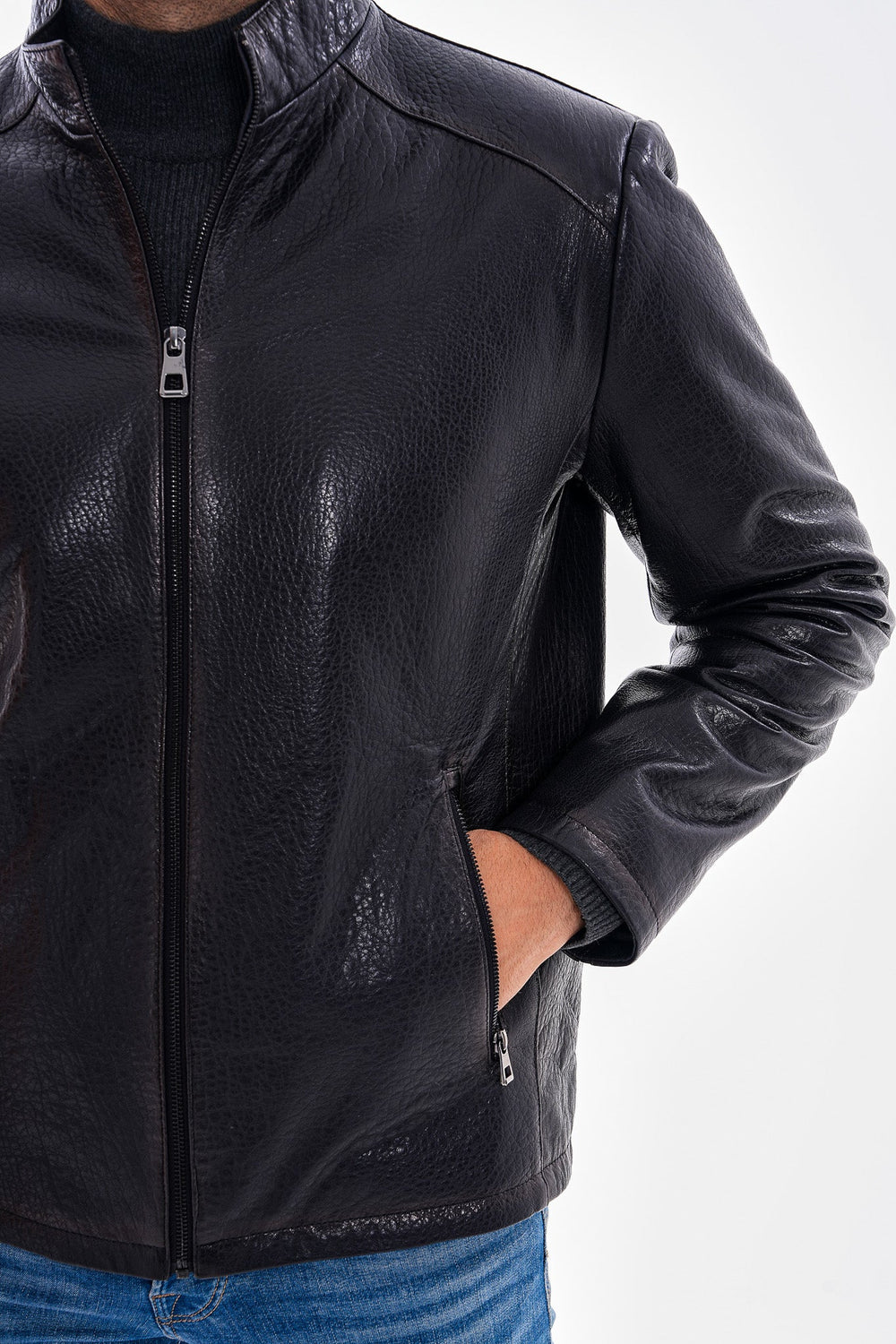 The Varden Navy Blue Leather Jacket Universal Fit