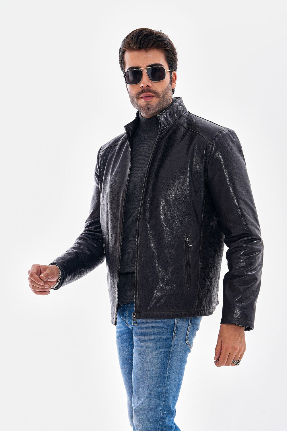 The Varden Navy Blue Leather Jacket Universal Fit