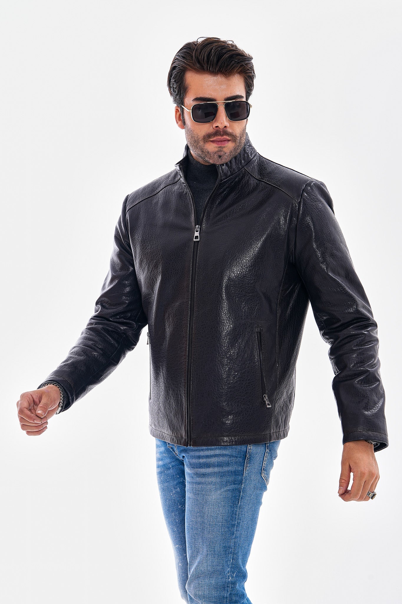 The Varden Navy Blue Leather Jacket Universal Fit