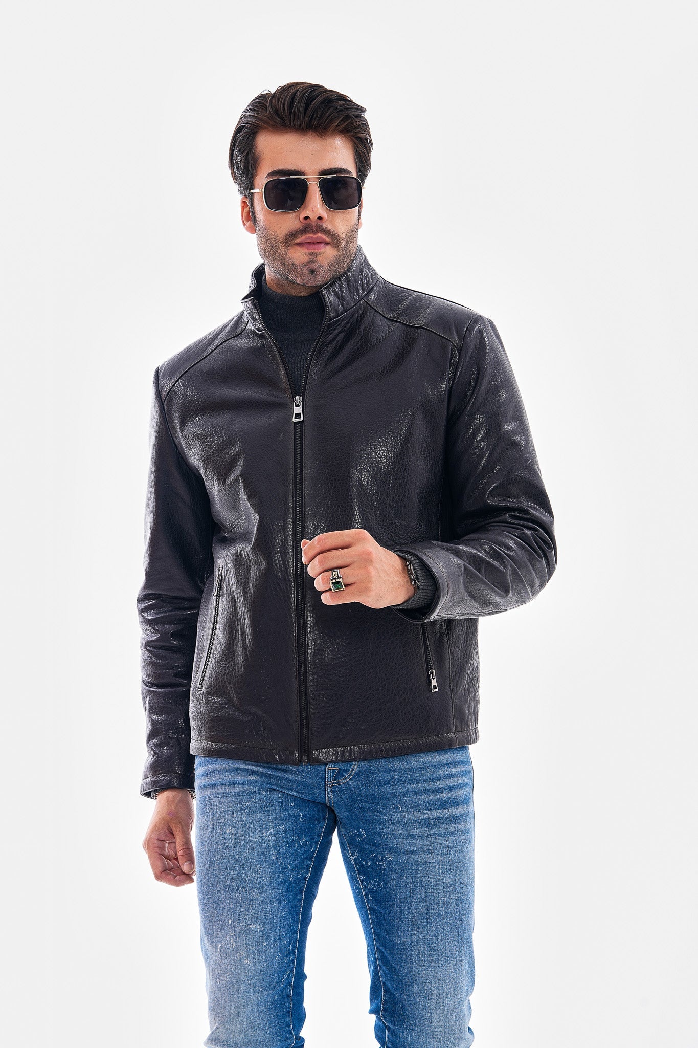 The Varden Navy Blue Leather Jacket Universal Fit