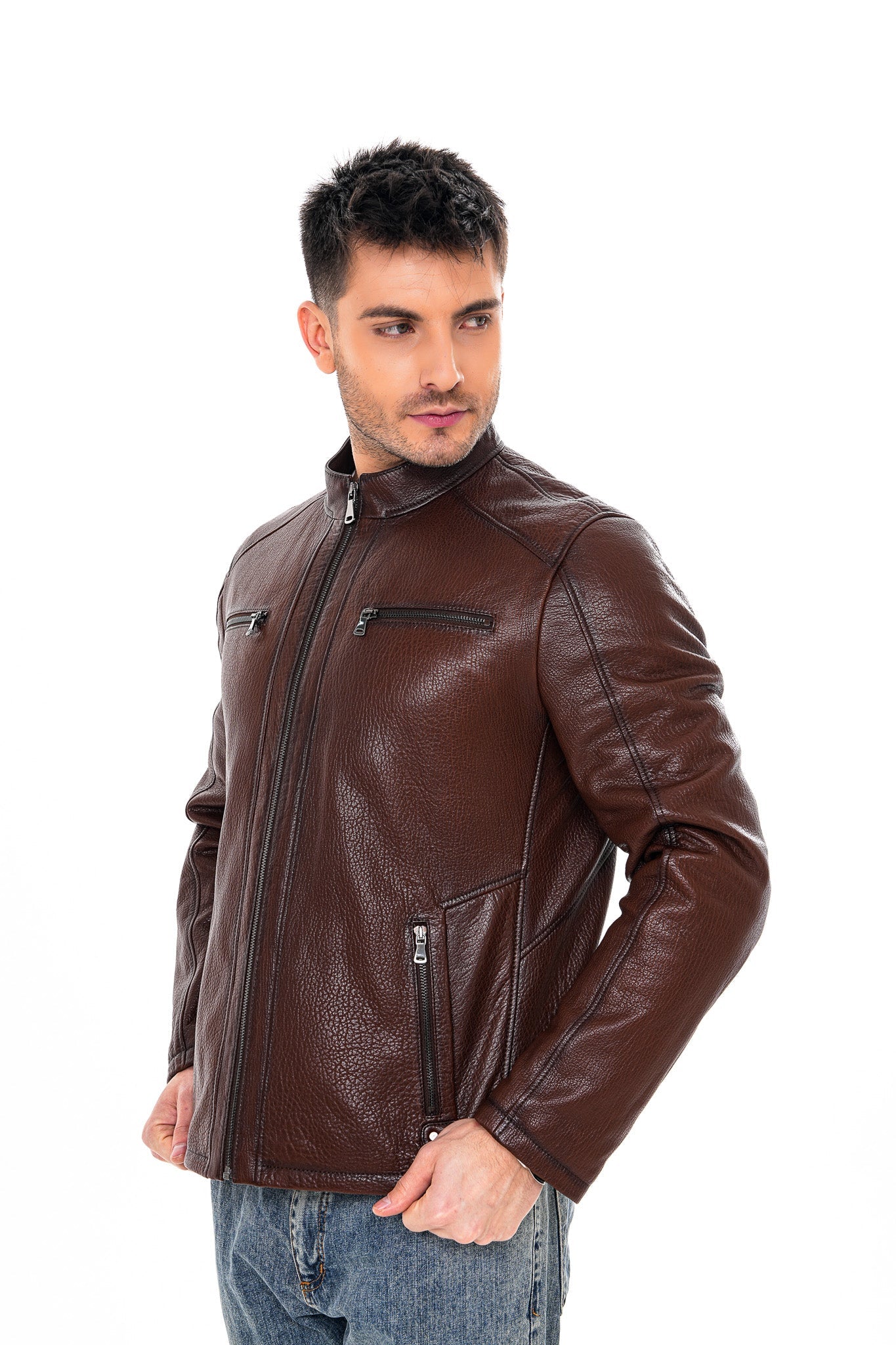 The Falcon Brown Pebbled Leather Jacket Universal Fit