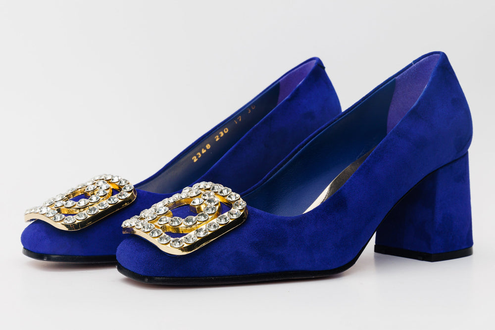 The California Sax Blue Suede Leather Block Heel Pump Shoe On Sale