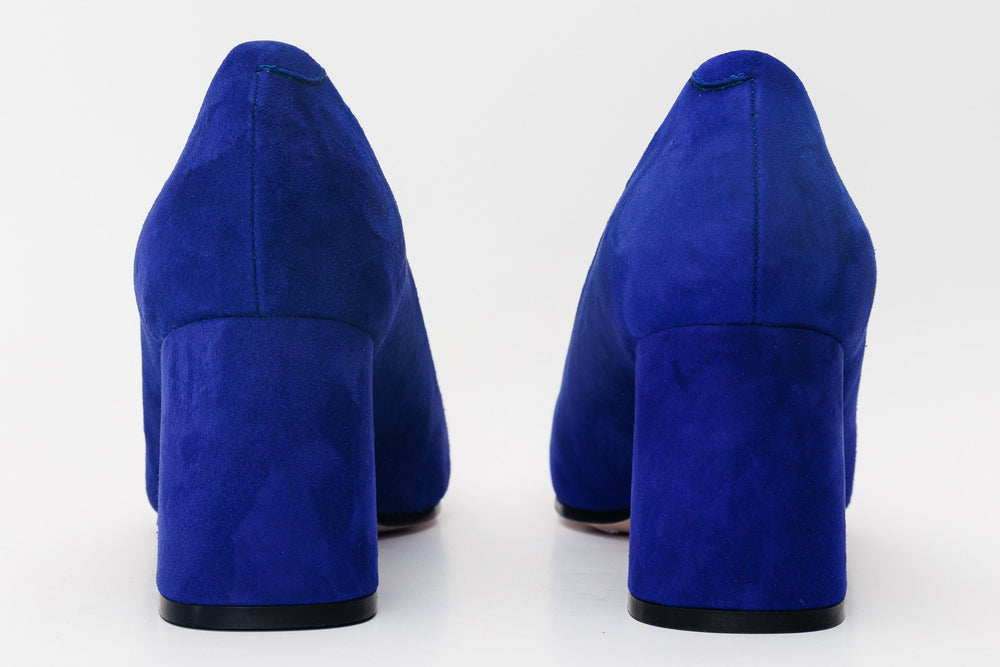 The California Sax Blue Suede Leather Block Heel Pump Shoe On Sale