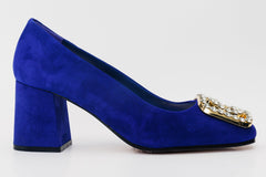 The California Sax Blue Suede Leather Block Heel Pump Shoe On Sale