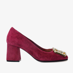 The California Burgundy Suede Leather Block Heel Pump Shoe All New