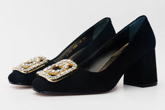 The California Black Suede Leather Block Heel Pump Shoe Fine Craftsmanship