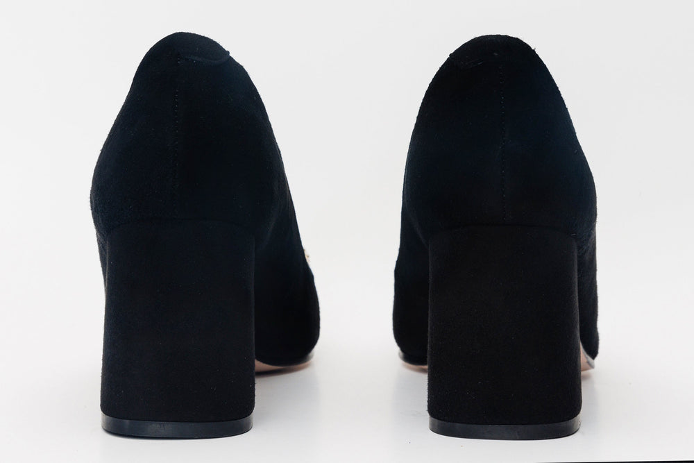 The California Black Suede Leather Block Heel Pump Shoe Fine Craftsmanship
