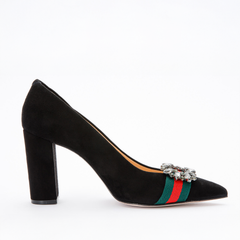 The Afega Black Suede Leather Block Heel Pump Shoe For Sale