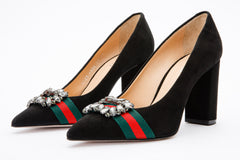 The Afega Black Suede Leather Block Heel Pump Shoe For Sale