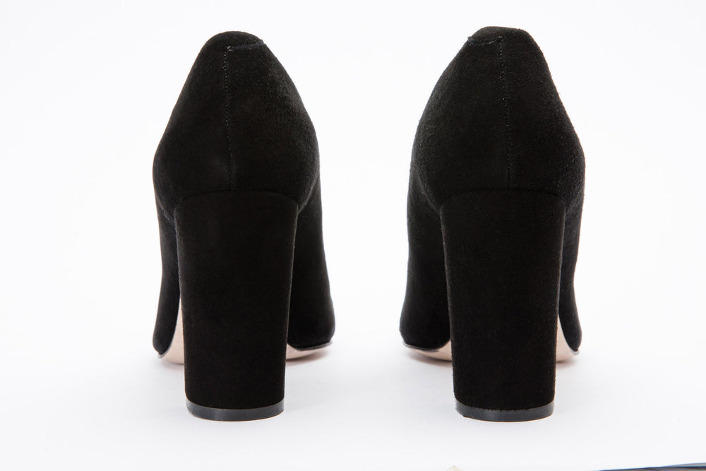 The Afega Black Suede Leather Block Heel Pump Shoe For Sale