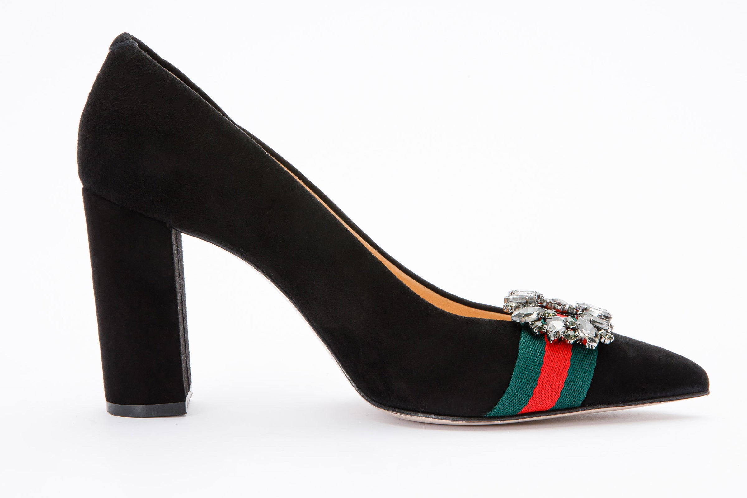 The Afega Black Suede Leather Block Heel Pump Shoe For Sale