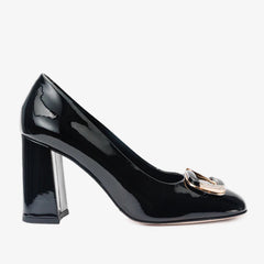 The Ferrara Black Patent Leather Block Heel Pump Shoe All New