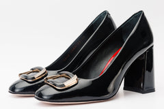 The Ferrara Black Patent Leather Block Heel Pump Shoe All New