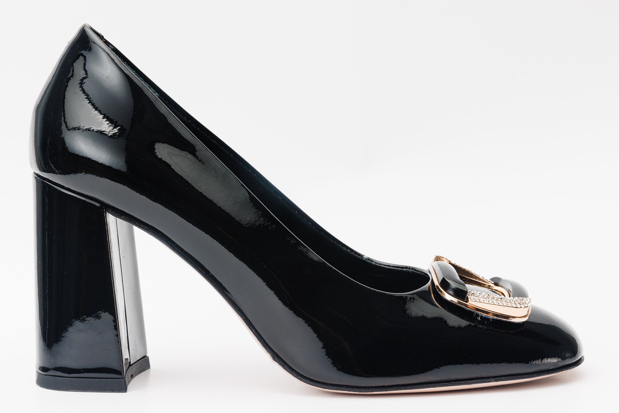 The Ferrara Black Patent Leather Block Heel Pump Shoe All New