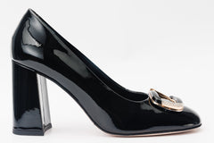 The Ferrara Black Patent Leather Block Heel Pump Shoe All New