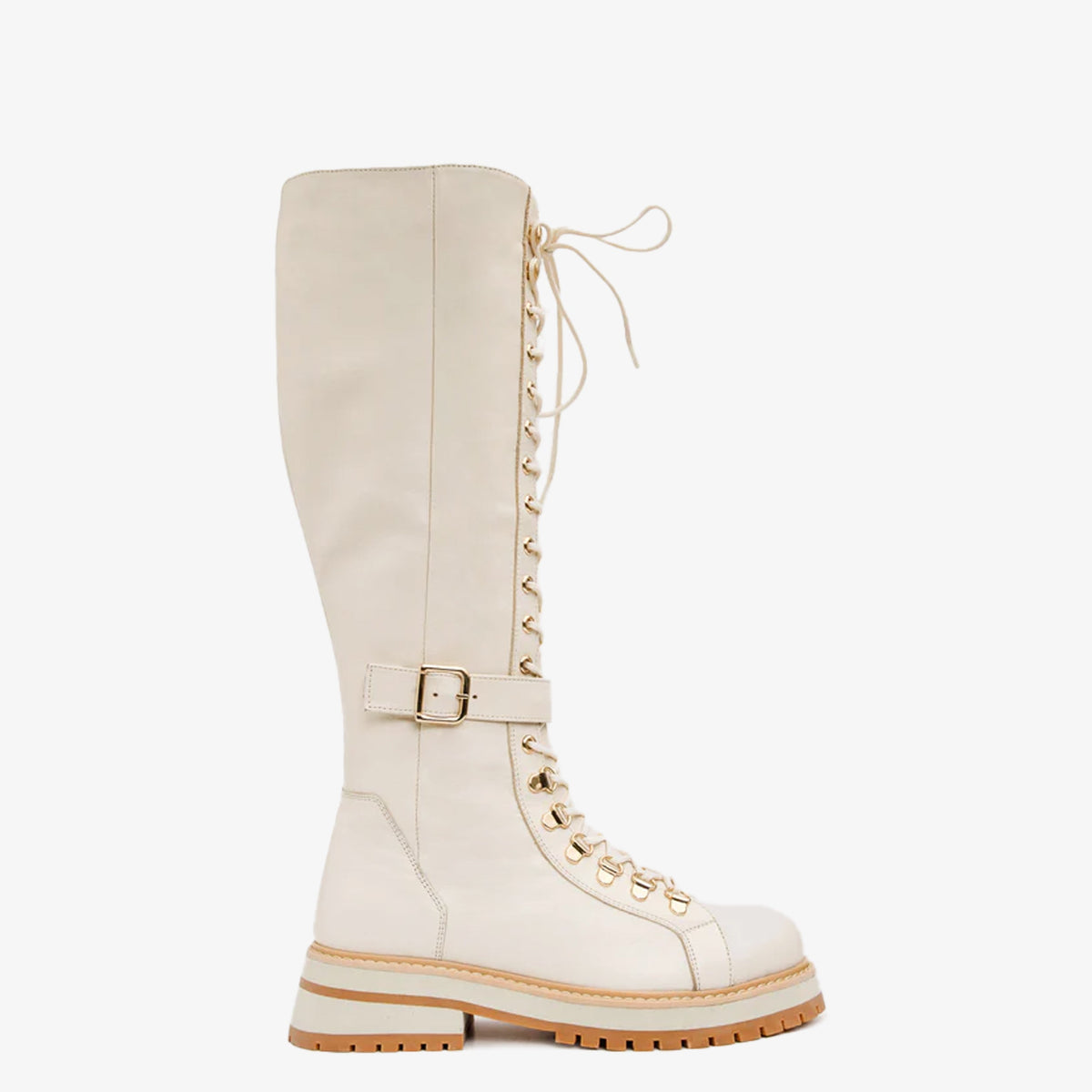 The Istinye Cream Leather Knee High Lace-Up Boot Limited Edition Exclusive Style