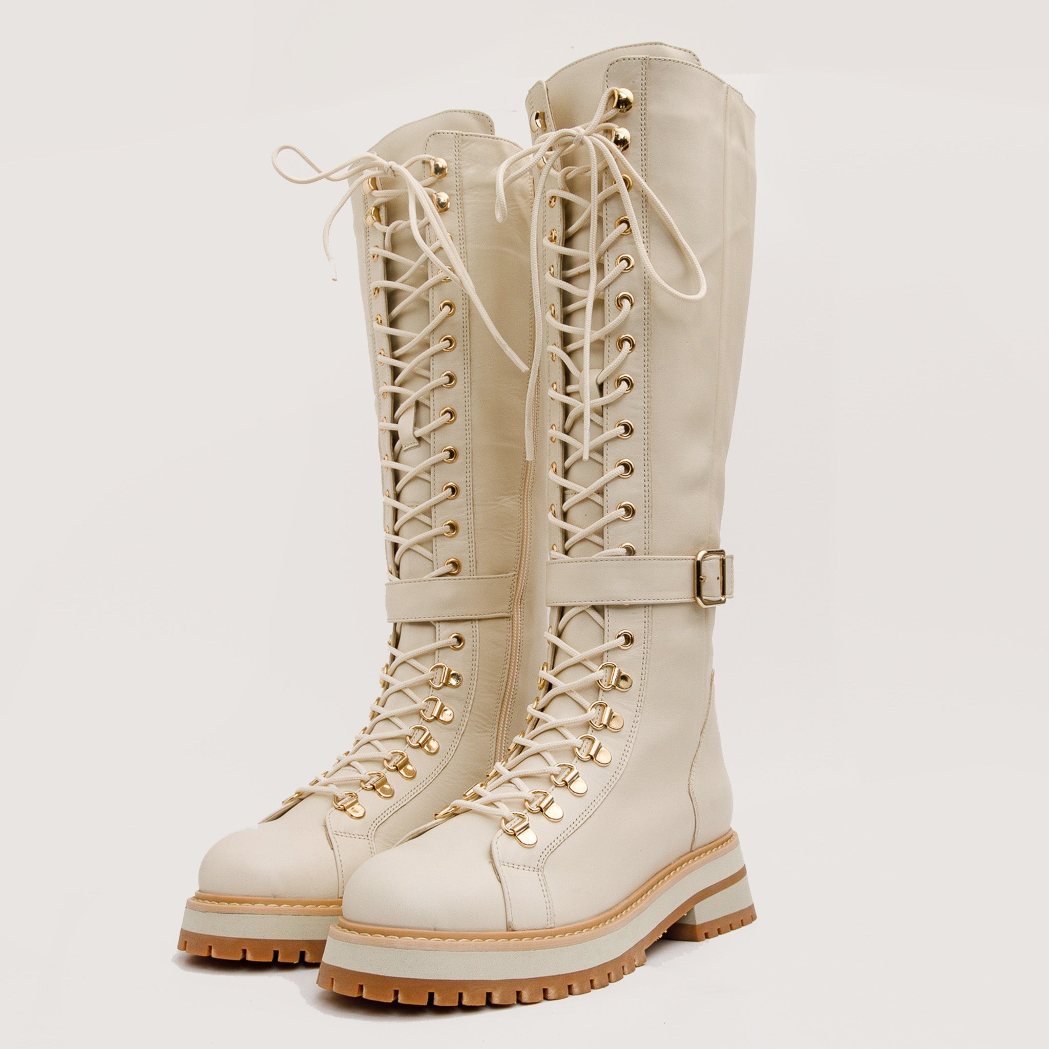 The Istinye Cream Leather Knee High Lace-Up Boot Limited Edition Exclusive Style