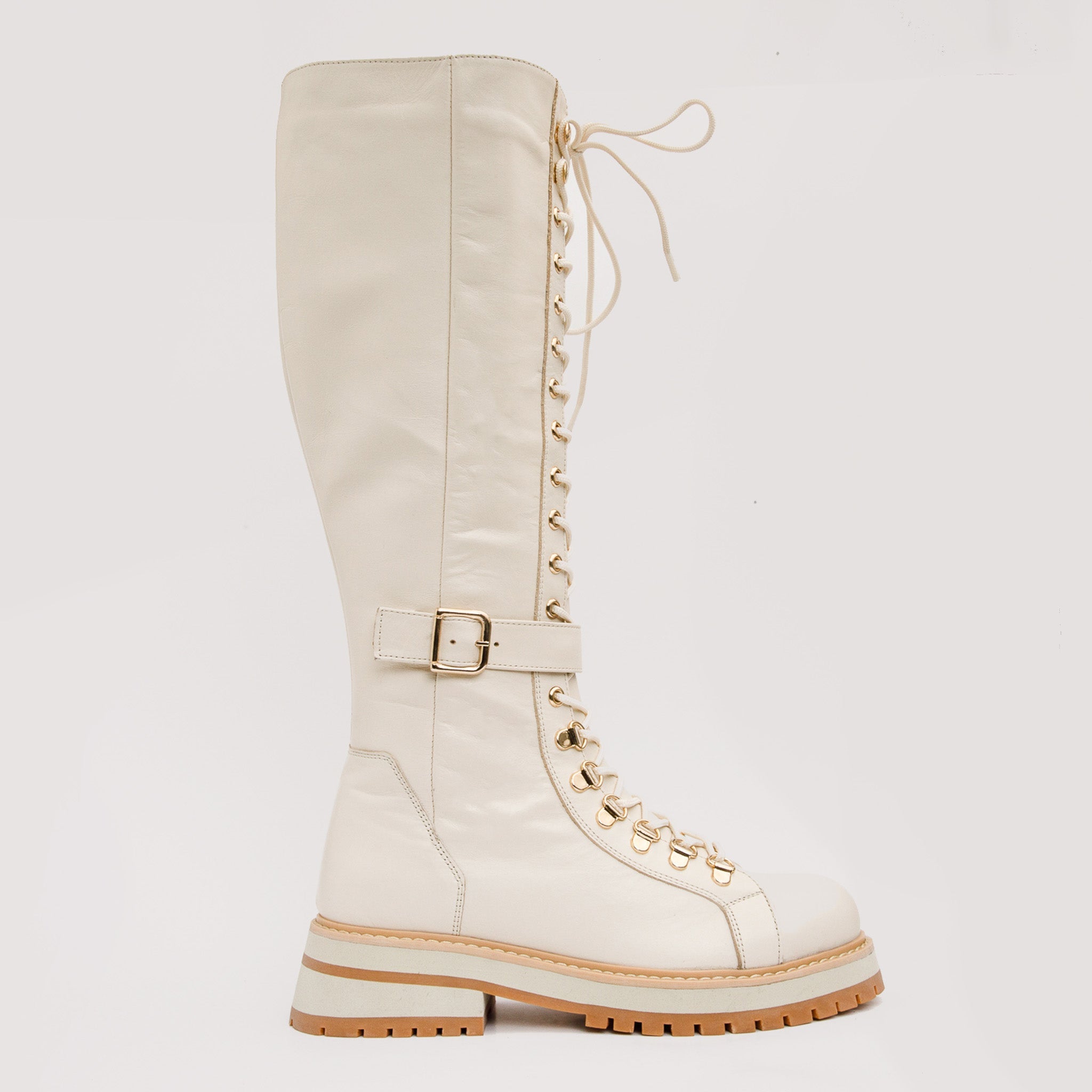 The Istinye Cream Leather Knee High Lace-Up Boot Limited Edition Exclusive Style