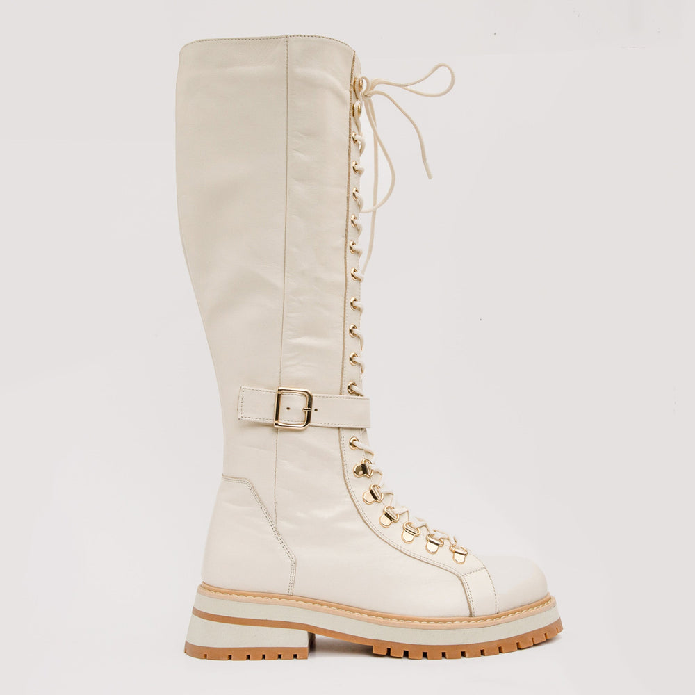 The Istinye Cream Leather Knee High Lace-Up Boot Limited Edition Exclusive Style