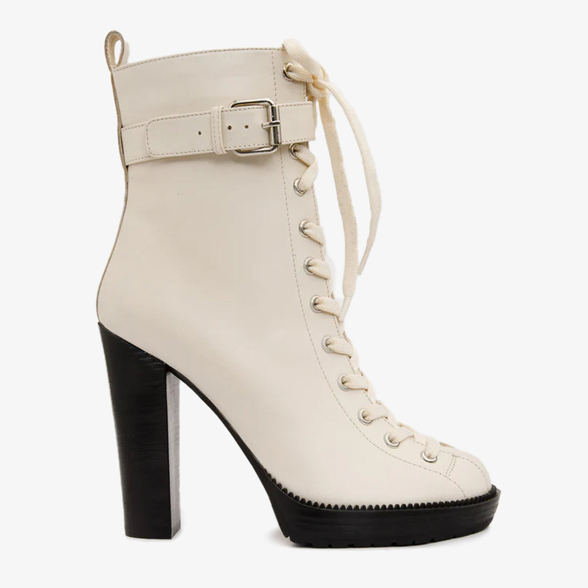The Estrada Cream Leather Lace-Up Platform Heel Mid Calf Boot On Sale