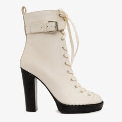 The Estrada Cream Leather Lace-Up Platform Heel Mid Calf Boot On Sale