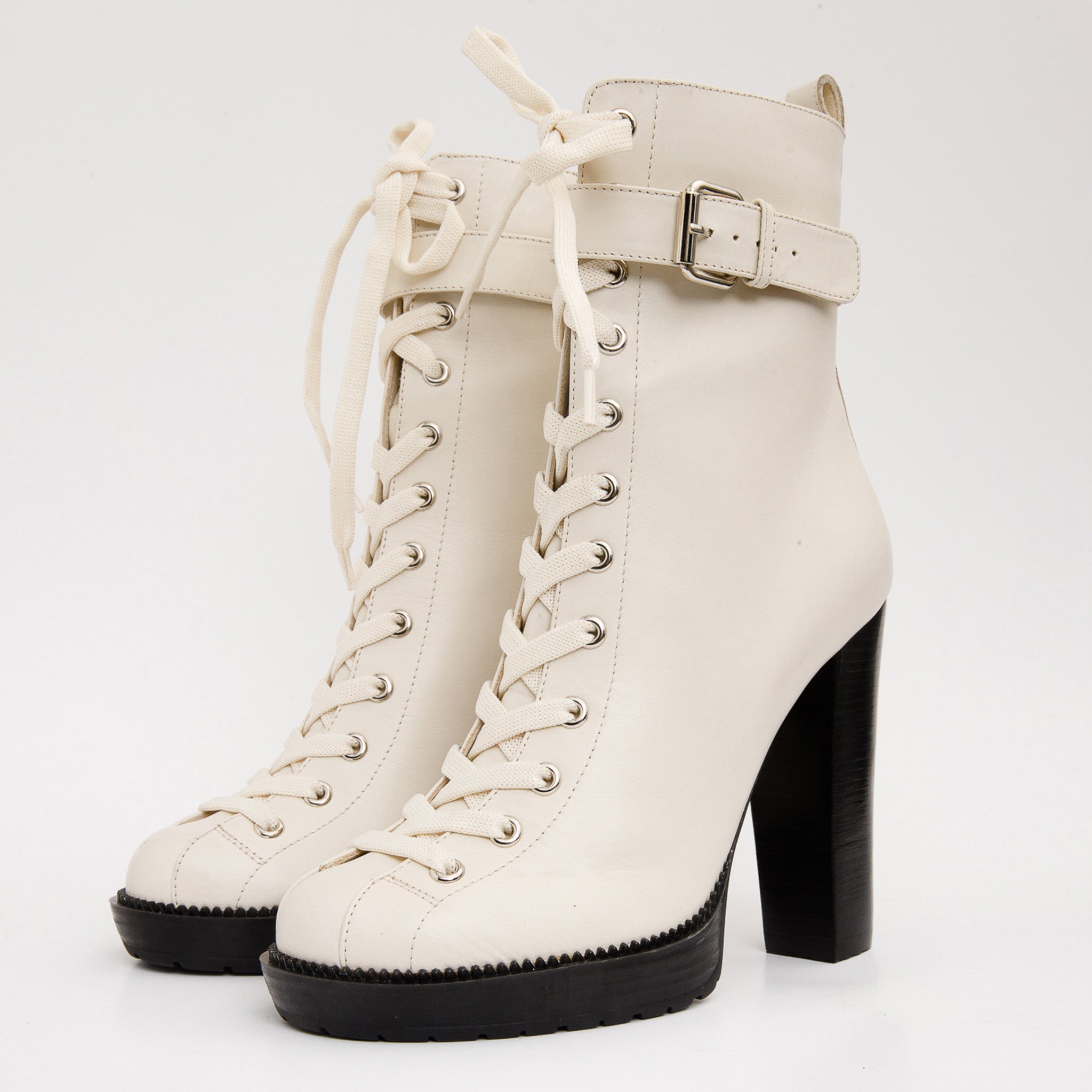 The Estrada Cream Leather Lace-Up Platform Heel Mid Calf Boot On Sale