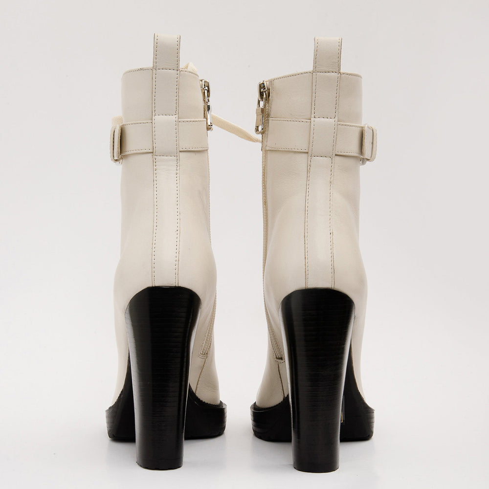 The Estrada Cream Leather Lace-Up Platform Heel Mid Calf Boot On Sale