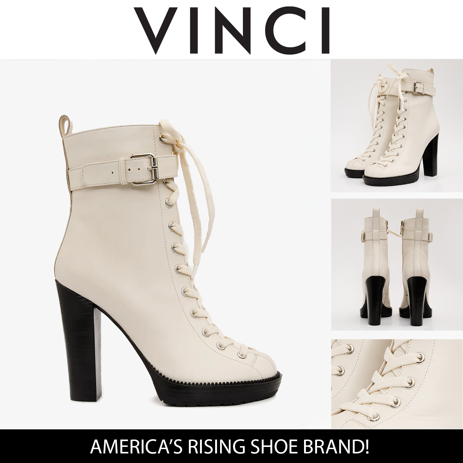 The Estrada Cream Leather Lace-Up Platform Heel Mid Calf Boot On Sale