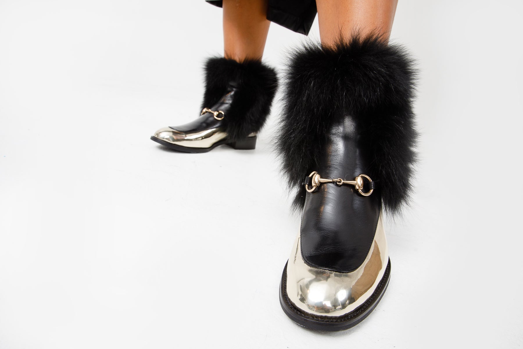 The Izmir Black Gold Leather Natural Fox Fur Mid Calf Boot For Sale