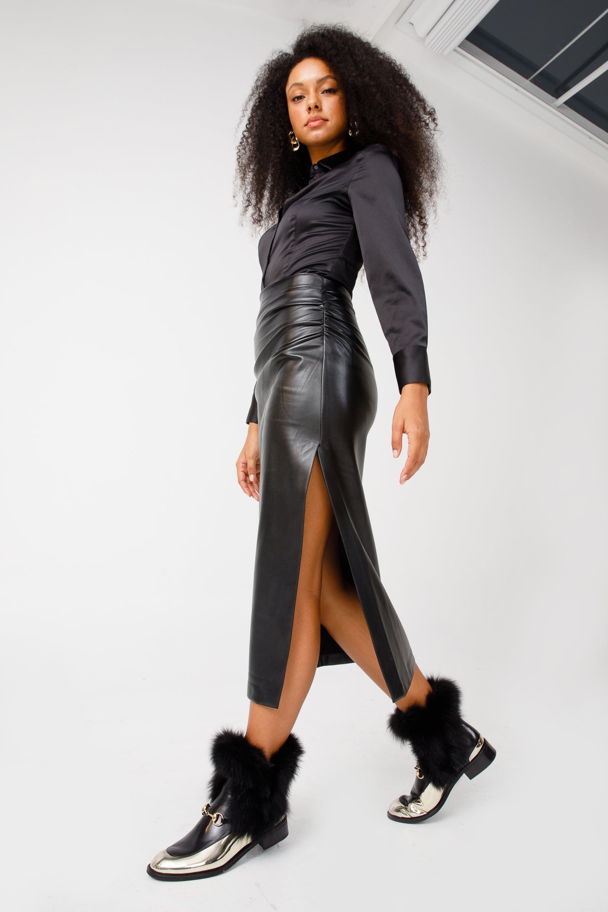 The Izmir Black Gold Leather Natural Fox Fur Mid Calf Boot For Sale
