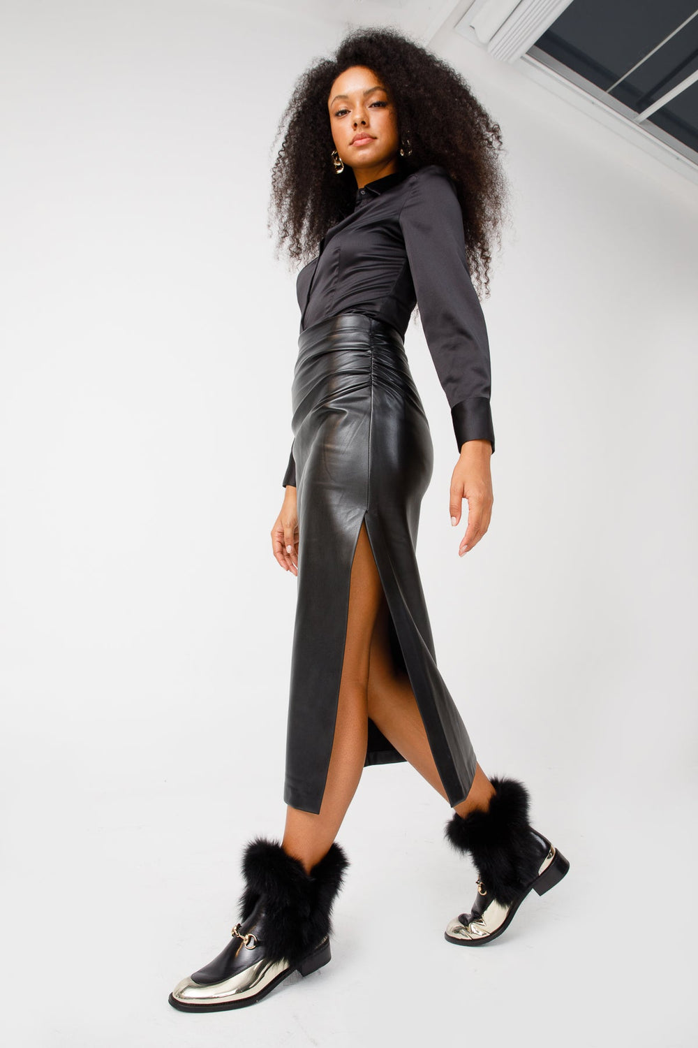 The Izmir Black Gold Leather Natural Fox Fur Mid Calf Boot For Sale