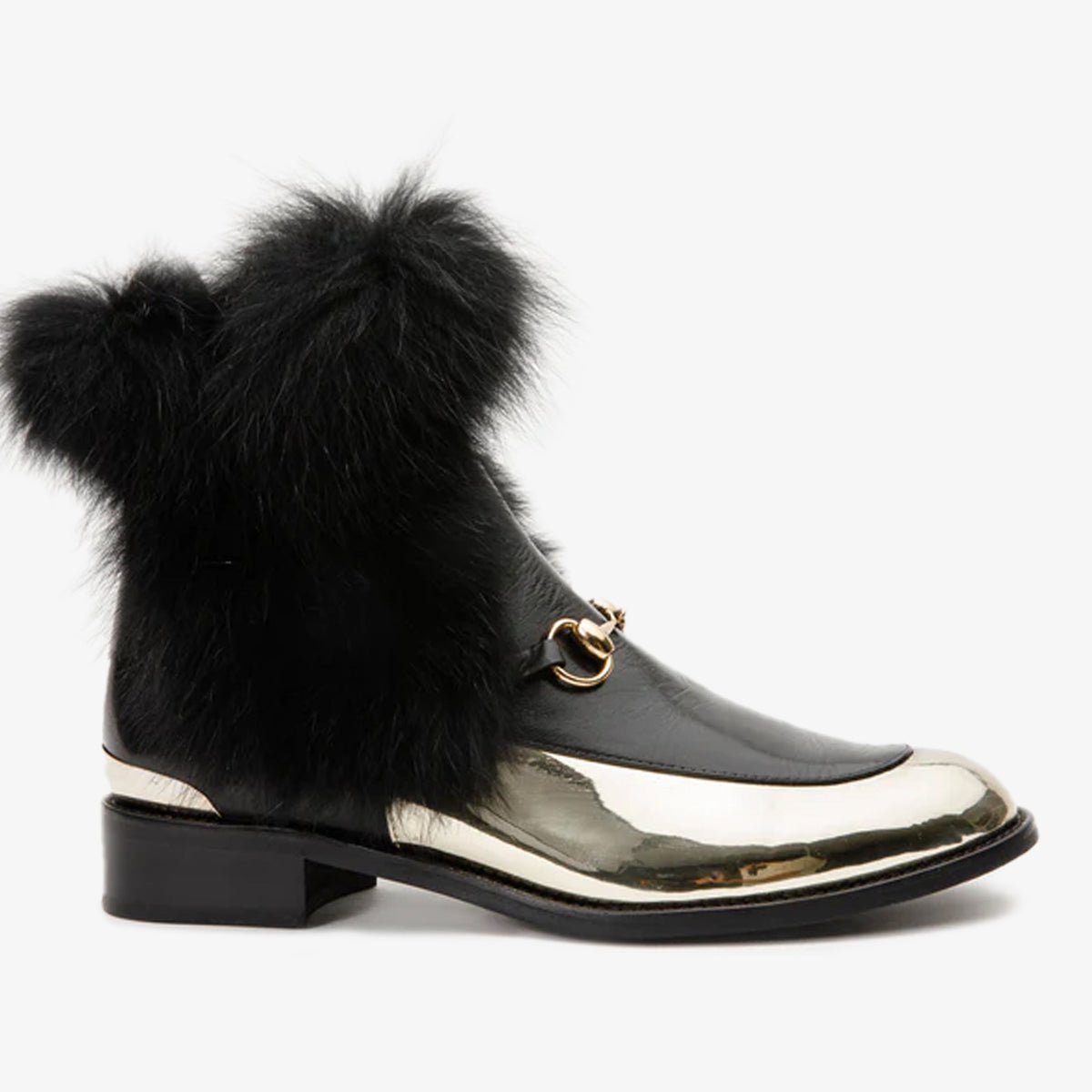 The Izmir Black Gold Leather Natural Fox Fur Mid Calf Boot For Sale