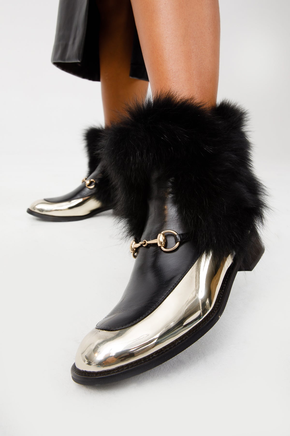The Izmir Black Gold Leather Natural Fox Fur Mid Calf Boot For Sale