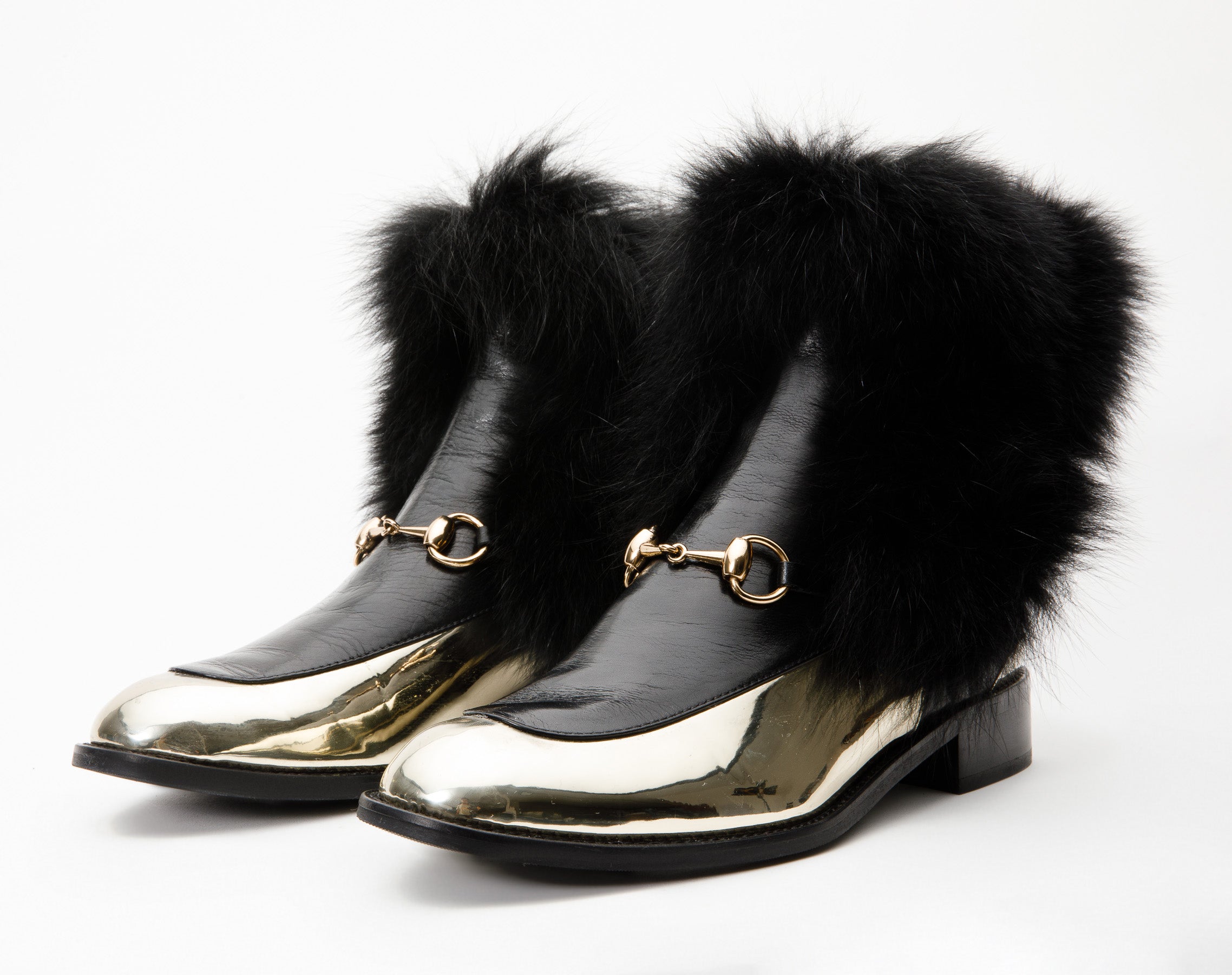 The Izmir Black Gold Leather Natural Fox Fur Mid Calf Boot For Sale