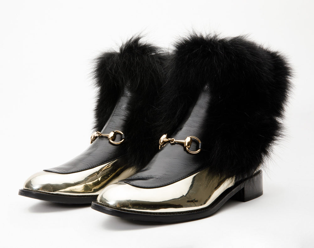 The Izmir Black Gold Leather Natural Fox Fur Mid Calf Boot For Sale