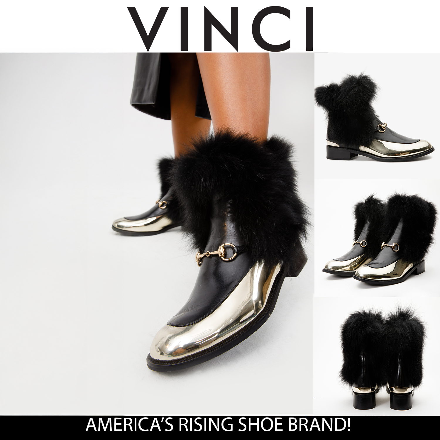 The Izmir Black Gold Leather Natural Fox Fur Mid Calf Boot For Sale