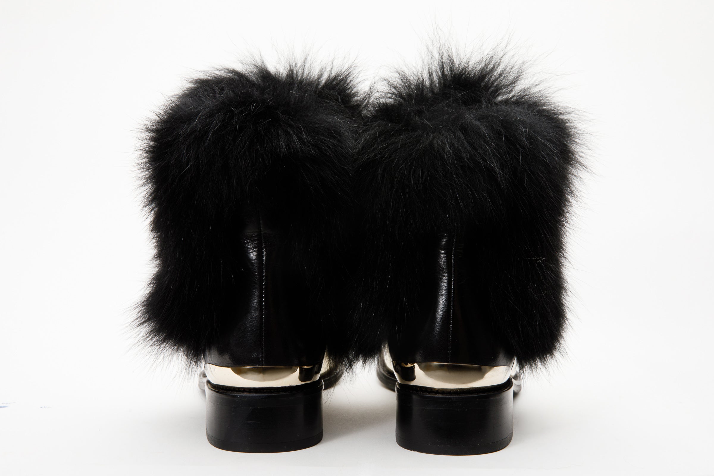 The Izmir Black Gold Leather Natural Fox Fur Mid Calf Boot For Sale