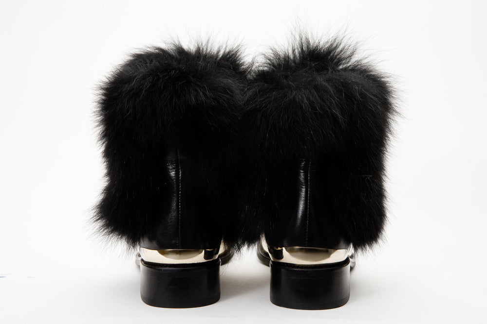 The Izmir Black Gold Leather Natural Fox Fur Mid Calf Boot For Sale