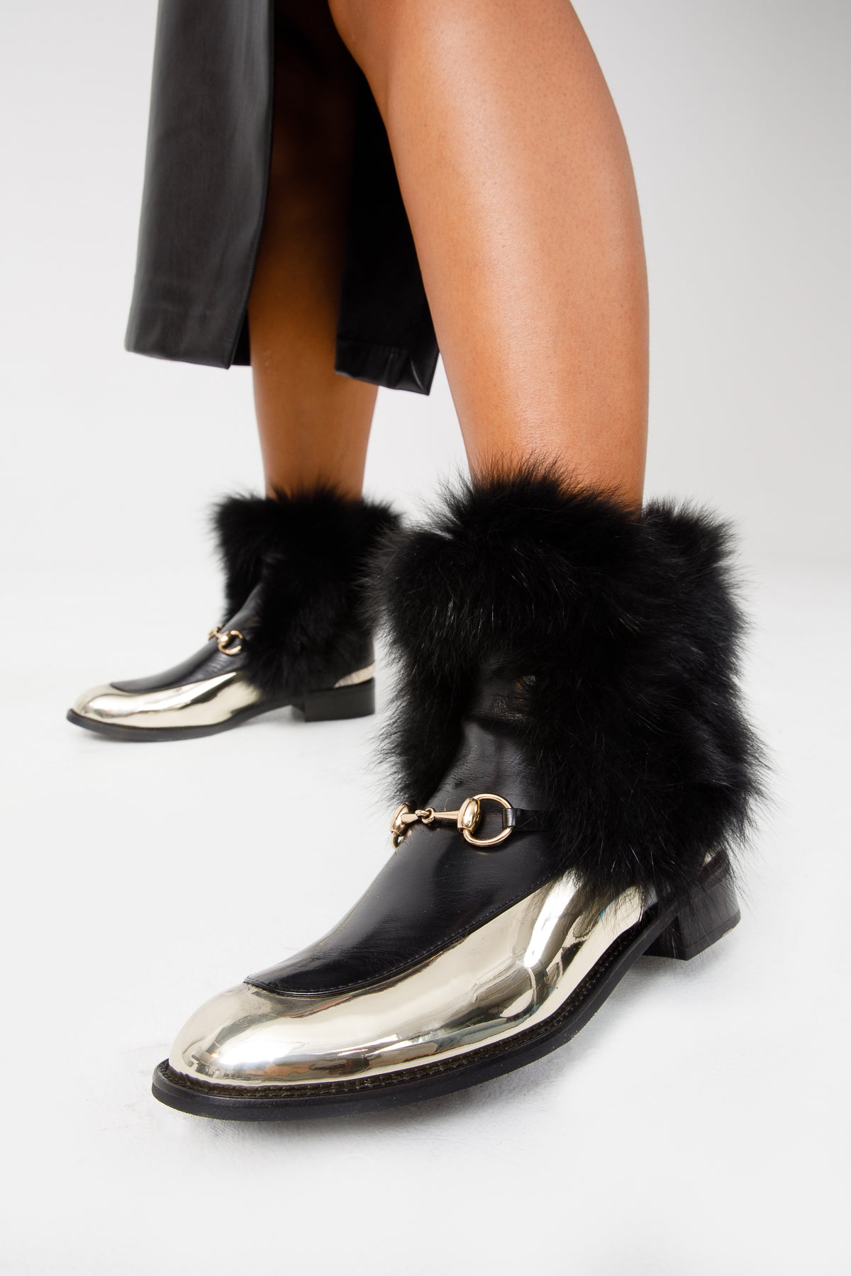 The Izmir Black Gold Leather Natural Fox Fur Mid Calf Boot For Sale