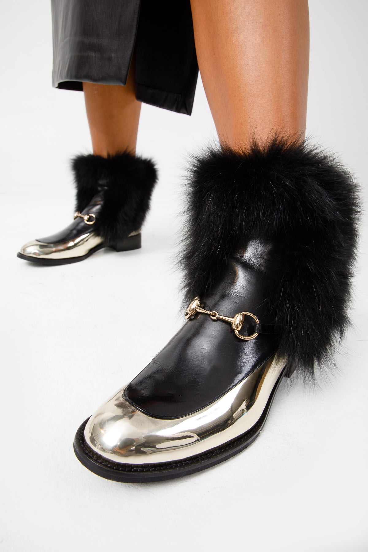 The Izmir Black Gold Leather Natural Fox Fur Mid Calf Boot For Sale