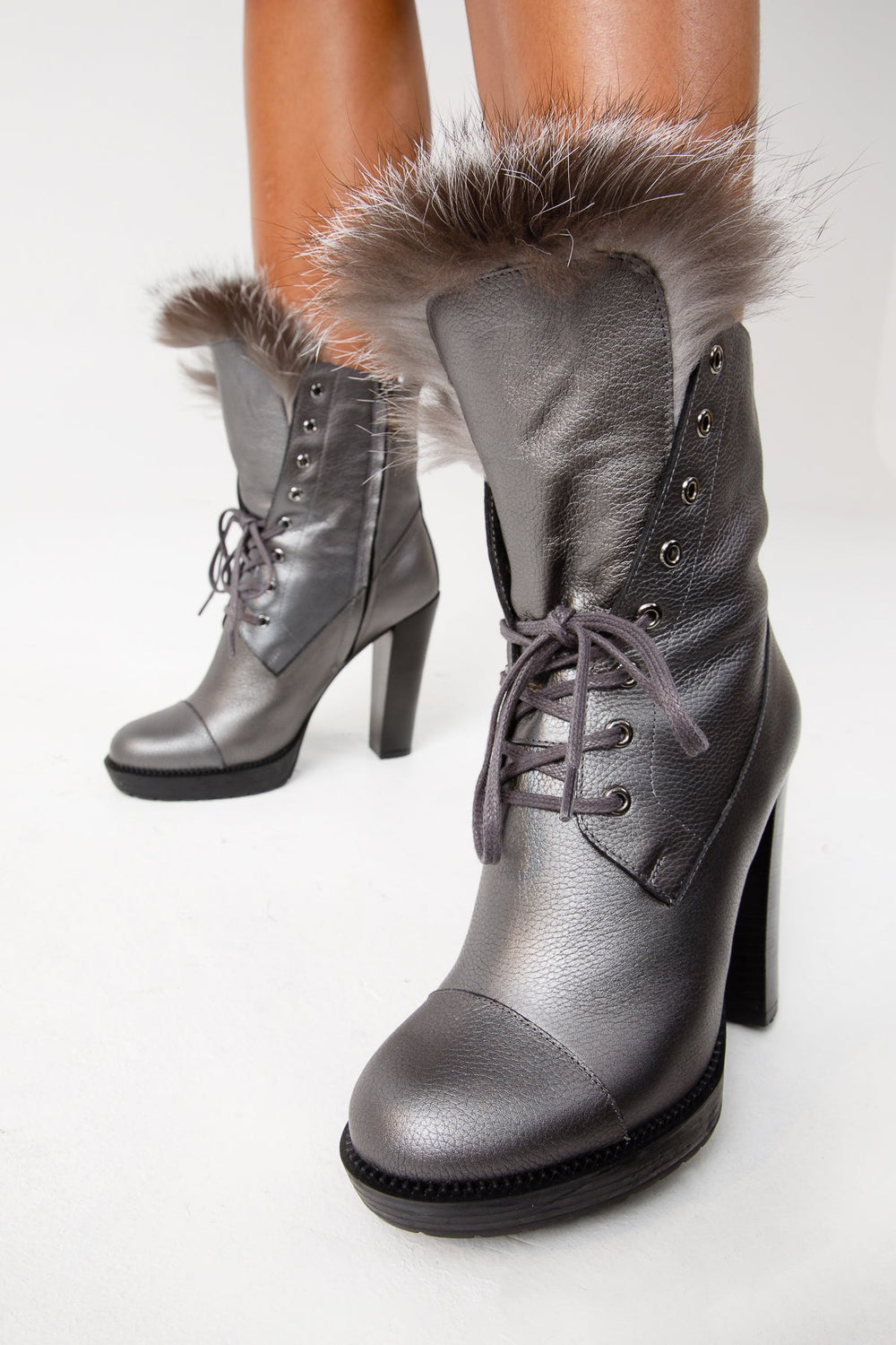 The Melo Gray Leather Natural Fur Mid Calf Platform Heel Boot Fine Craftsmanship