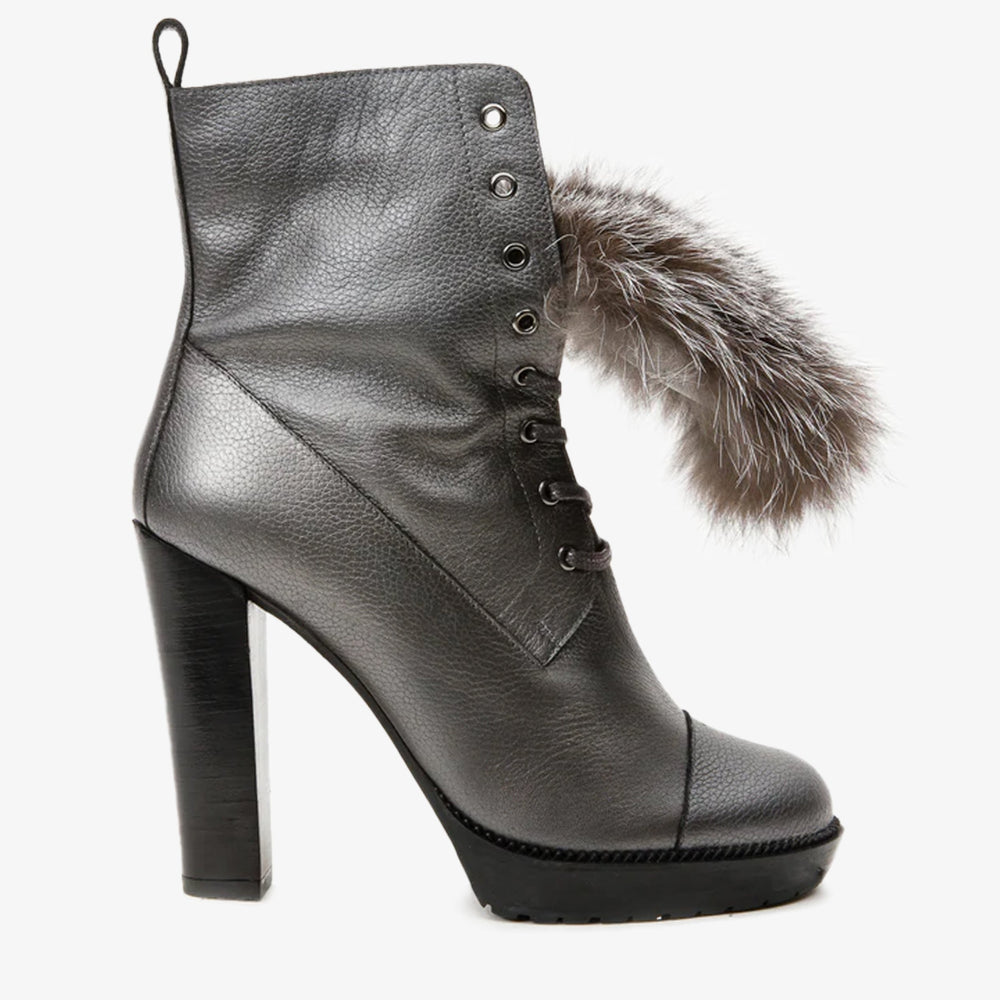 The Melo Gray Leather Natural Fur Mid Calf Platform Heel Boot Fine Craftsmanship
