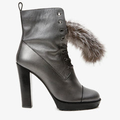 The Melo Gray Leather Natural Fur Mid Calf Platform Heel Boot Fine Craftsmanship