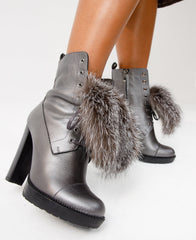 The Melo Gray Leather Natural Fur Mid Calf Platform Heel Boot Fine Craftsmanship
