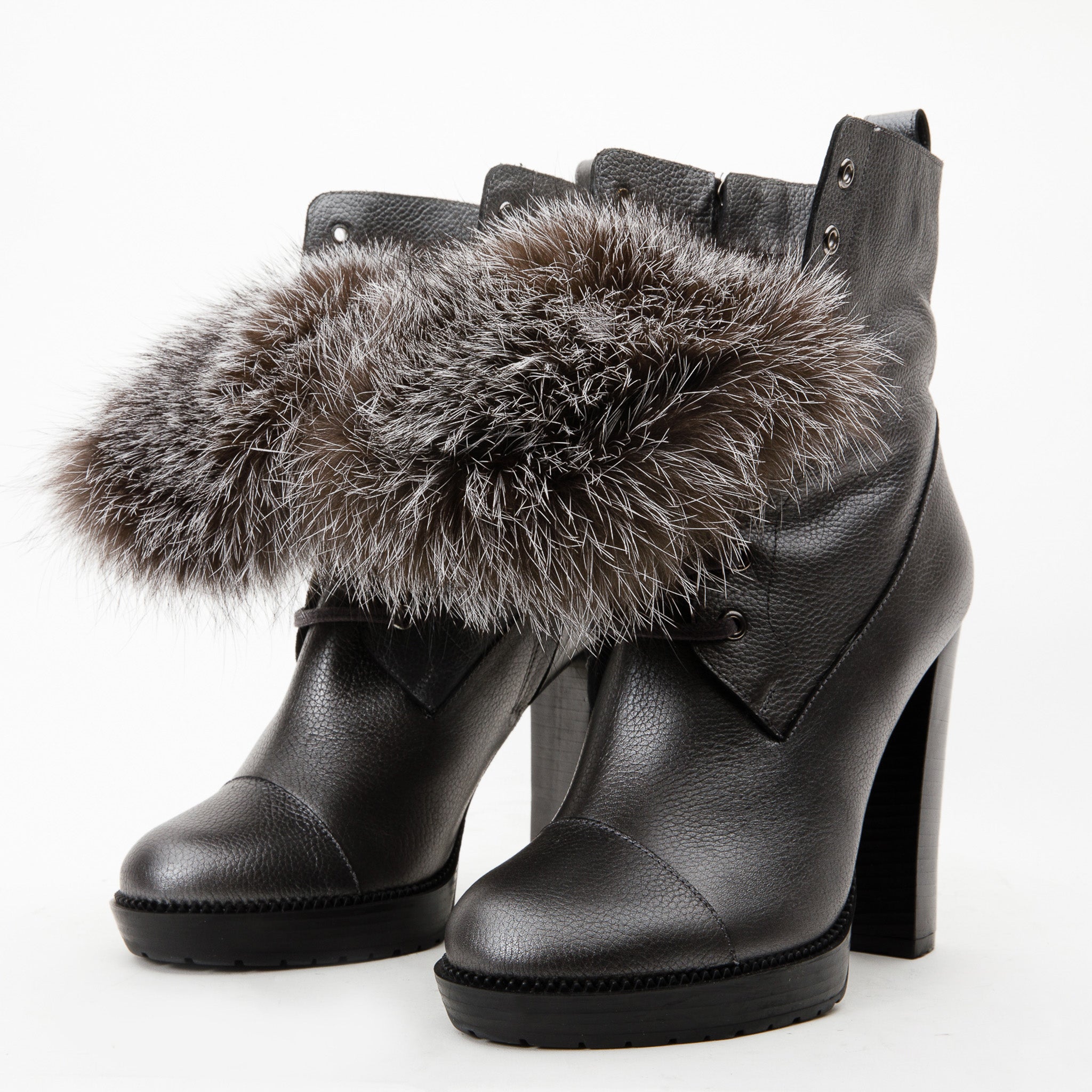 The Melo Gray Leather Natural Fur Mid Calf Platform Heel Boot Fine Craftsmanship